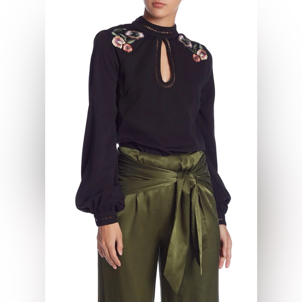 Tularosa Black Embellished Boho Blouse with Pink Floral Details
